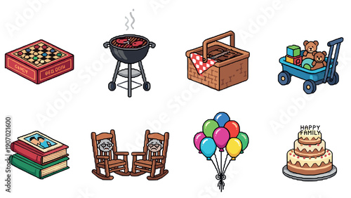 Retro family fun and leisure icons in pixel art style