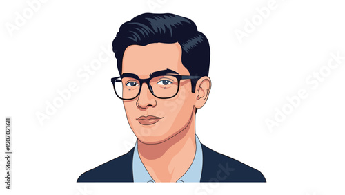 Professional young man wearing black framed glasses and a dark suit jacket looking forward against a clean white background in vector style.
