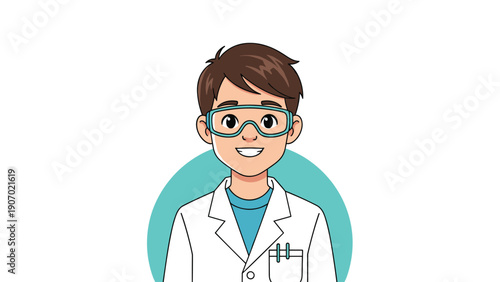 Smiling young boy dressed as a scientist or doctor wearing a white lab coat and safety goggles against a light teal circle background.
