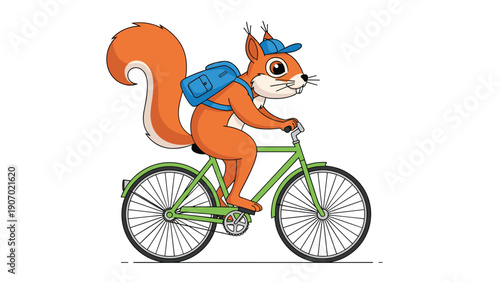 Energetic orange squirrel wearing a blue cap and backpack riding a green bicycle on a white background in a fun cartoon illustration.
