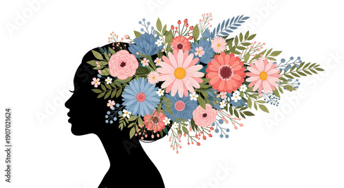 Woman's Silhouette with Blooming Flowers in Hair for Beauty, Wellness, Spring, and Creative Ideas
