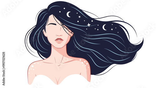 Surreal portrait of a beautiful woman with long dark hair filled with a glowing night sky containing stars and crescent moons.
