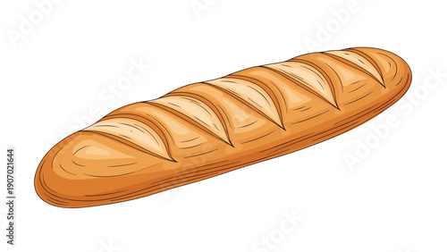 Freshly baked French baguette bread loaf with golden crust and score marks shown on a plain white background in a detailed vector drawing.