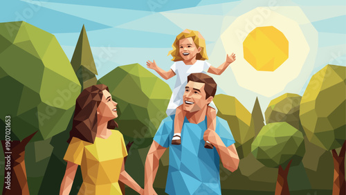 Polygon family outdoor walk: geometric art with happy parents and child in park