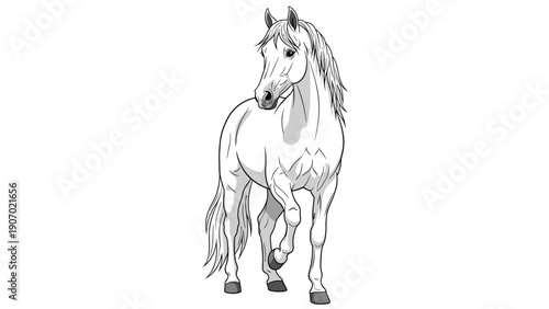 Majestic white horse standing proudly in a full body profile view against a clean white background in a detailed monochrome vector drawing.
