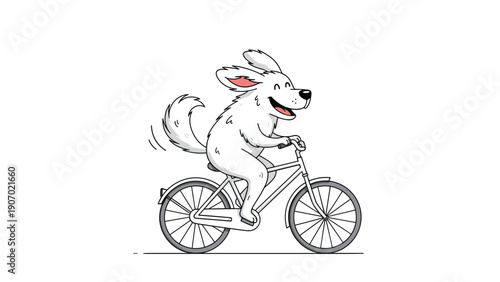 Happy white dog with floppy ears and a wagging tail riding a bicycle on a white background in a cheerful cartoon illustration.