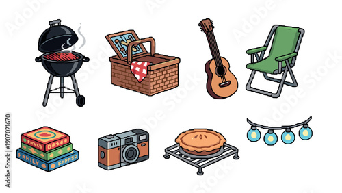 Retro pixel art picnic scene with barbecue, guitar, and summer accessories