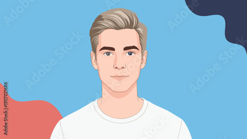 Portrait of a handsome young man with different colored eyes and blonde hair against an abstract blue and red background.