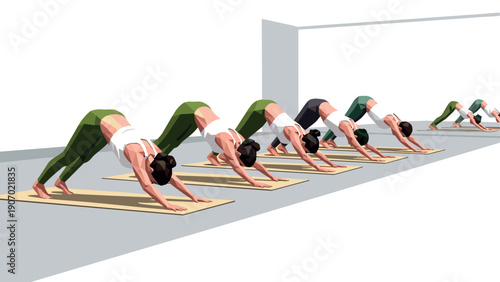 Geometric yoga class in downward dog pose with group of women in modern interior