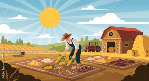 A dedicated farmer gathers bountiful crops under the warm sun, symbolizing the essence of agricultural prosperity and the rich harvest season
