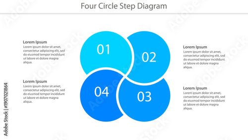Four-circle step diagram infographic with numbered segments and placeholder text for business or project presentation.