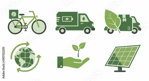 Sustainability and Green Technology Icons Set. Eco-friendly transport, EV logistics, renewable energy, and environmental protection symbols.