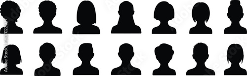 Collection of diverse black silhouette hairstyles and head shapes on a white background profile