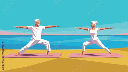 Elderly couple practicing yoga on beach in low poly style under blue sky