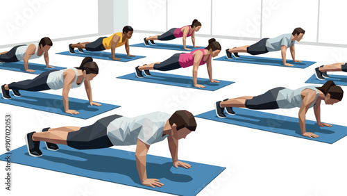 Group fitness class with people exercising on mats in modern flat style
