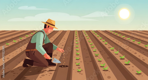 Farmer planting crops in a field under the sun, agricultural work, and cultivation of plants