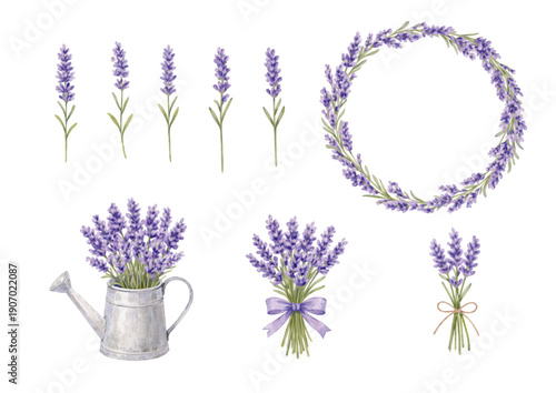 ラベンダー素材セット　花束・リース・ナチュラルな水彩イラスト