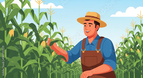 Farmer inspecting a bountiful corn crop in a field under a bright blue sky