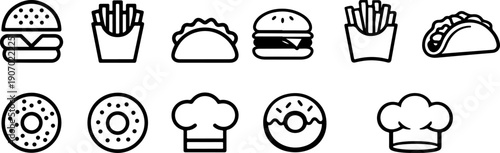 Fast Food Outline Icons Set with Burger Fries Taco and Donut