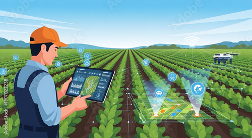 Agronomist Using Digital Tablet for Precision Agriculture and Data Analysis in a Modern Crop Field with Drone Monitoring Technology