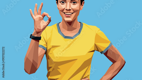 Geometric art style: smiling person in yellow shirt making ok sign on blue background