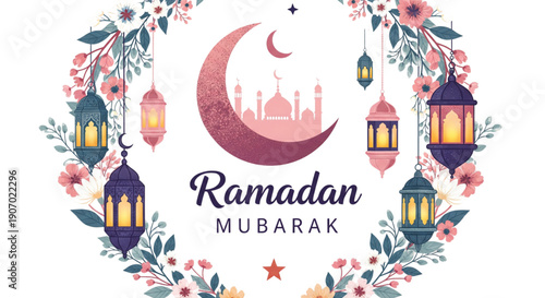 Ramadan Mubarak Crescent Mosque Lanterns Floral Wreath Festive Greeting Card Design for Islamic Celebrations