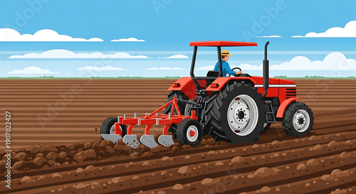 Farmer plowing a field with a red tractor, agricultural landscape under a blue sky