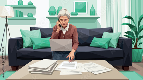 Elderly woman on laptop at home: productivity in geometric style living room