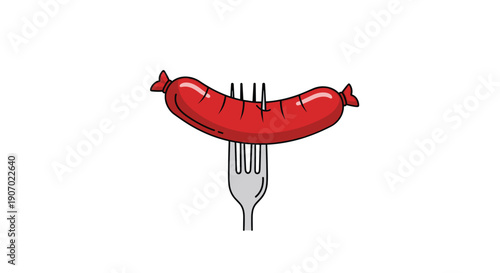 Cartoon illustration of a single red grilled sausage poked by a metal fork isolated on a white background for food themes.