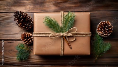 A Rustic Brown Gift Package Tied With Twine And Adorned With A Sprig Of Evergreen Accompanied By Two Pine Cones On A Wooden Surface
