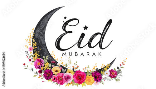 Elegant Eid Mubarak Greeting with Floral Crescent Moon Design for Islamic Holiday Celebrations and Social Media