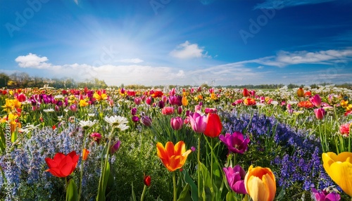 Vibrant Colorful Tulips And Wildflowers In A Sunny Meadow On A Beautiful Day