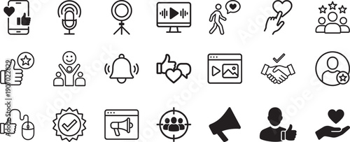 Influencer web icons set with social media, marketing, content creator and promotion symbols for UI and web