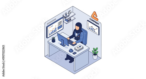 Muslim woman working in a modern office cubicle with charts and graphs on screens, representing business and technology.