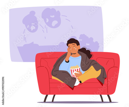 Young woman sitting on sofa feeling emotional crying while watching sad drama movie cartoon scene