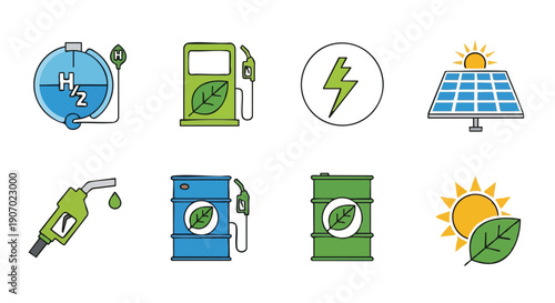 Sustainable Renewable Energy Icon Set: Biofuel, Hydrogen, Solar Power, and Green Technology Flat Vector Icons on White Background.