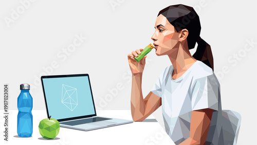 Polygonal woman eating healthy snack while working at laptop
