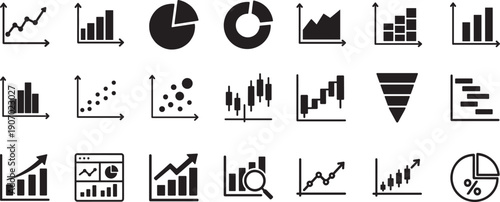 Graph and charts icon set with analytics, statistics, data visualization symbols for business and finance