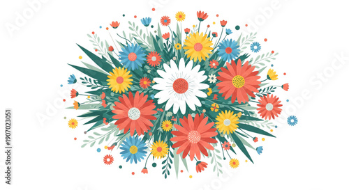 Cheerful Spring Summer Floral Bouquet. Vibrant Wildflower Illustration for Greeting Cards, Web Design, and Event Promotion.