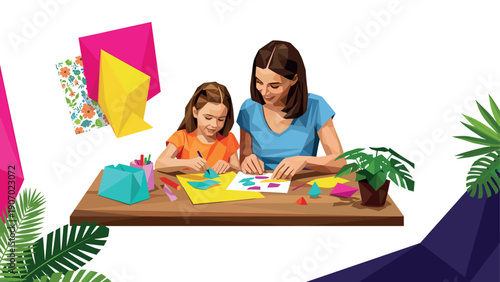 Mother and daughter enjoying creative origami art at home