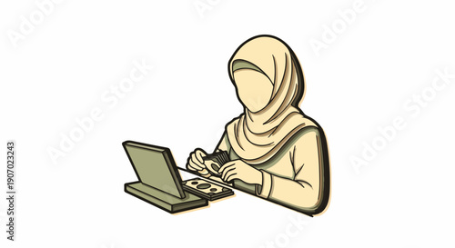 Muslim woman in hijab working on laptop and calculator, managing finances or online business from home office, representing remote work and financial planning.