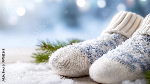 Warm Winter Comfort: A pair of cozy, snow-dusted socks nestled beside a wintry scene, evoking a sense of warmth and holiday cheer.