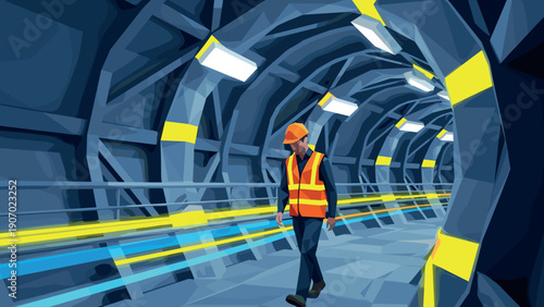 Construction worker walking through futuristic tunnel with bright lights