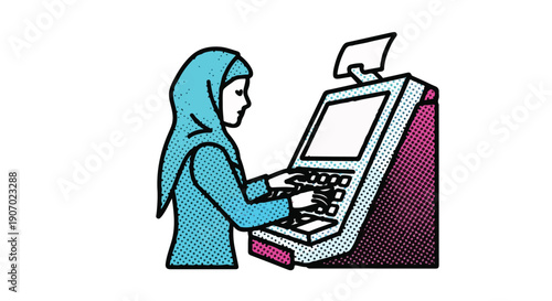 Muslim woman in hijab operating a modern self-service digital kiosk, interacting with the touchscreen and keyboard for banking or retail transactions, illustrating technological convenience.