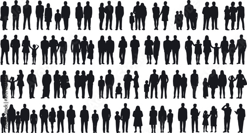 Collection of diverse human silhouettes in various group and individual poses on white people