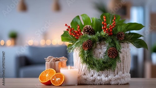 Festive Holiday Still Life: A meticulously crafted seasonal arrangement with an assortment of natural elements, including a vibrant orange.