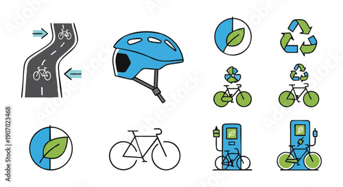 Sustainable Cycling and E-Bike Transportation Icons Set. Bicycle Path, Safety Helmet, Charging Station, and Eco-Friendly Commuting Symbols.