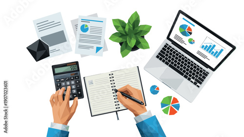 Office workspace overview with laptop, graphs, notebook, and green plant in isometric style