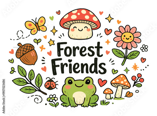 Cute forest friends illustration with frog, mushrooms, flowers, and butterflies