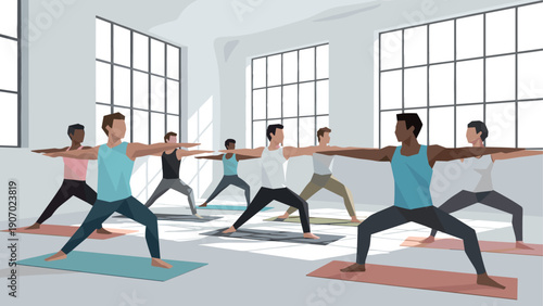 Group practicing yoga in modern studio with geometric flat design
